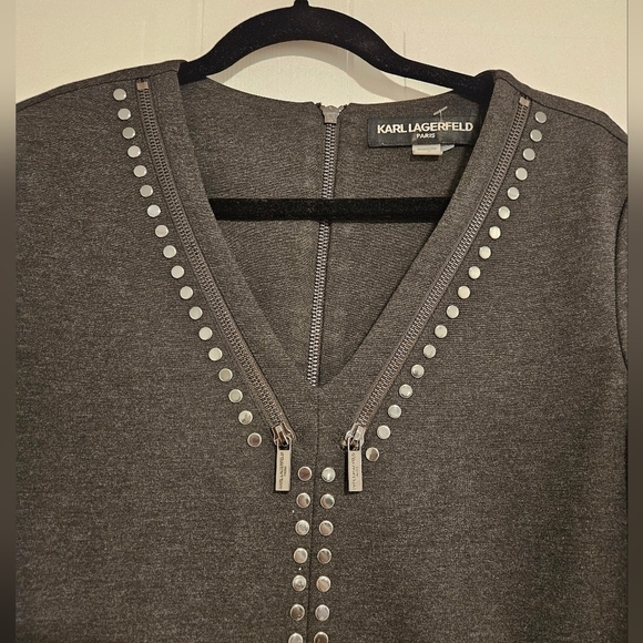 Karl Lagerfeld Paris womans Charcoal Grey Stud Dress size 8 NWT V neck Medium - Picture 2 of 6